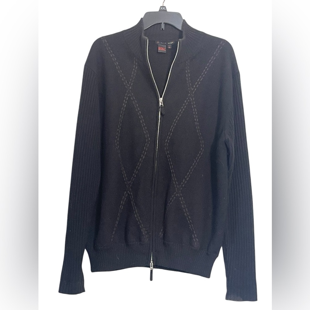 Men’s Boiled Wool Tulliano full zip sweater Size L GUC black diamond pattern